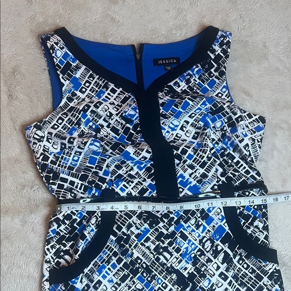 Jessica Abstract Blue and Black Dress with belt sz 10 Petite - Picture 9 of 14